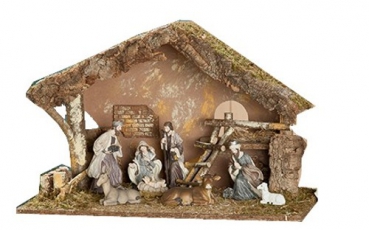 GILDE Krippenstall aus Holz und Moos, 34x56x36 cm