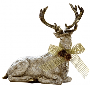 antike Weihnachtsdeko Goldener Hirsch Rentierdeko Reh Bock Elch Tier-Keramik-Figur Rehkitz natürlich gold beige 22x20cm für Innen Außen