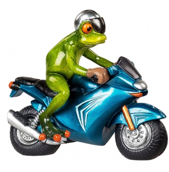 lustiger Frosch auf dem Motorrad Deko-Frosch-Figur Biker Zierfigur Tierfigur trendig witzig Kröte Lurch grasgrün blau 20 cm groß