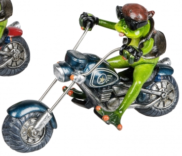 lustiger Deko-Frosch auf dem Motorrad Biker-Figur Zierfigur Tierfigur trendig witzig Kröte Lurch grasgrün blau 22 cm groß
