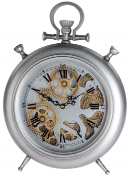antike Standuhr Tischuhr Kaminuhr Metall mit sichtbaren beweglichen Zahnrädern Wohnzimmer Schlafzimmer Küchen-Uhr Retro silber grau 30x30cm