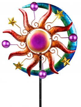 Antikes Windrad für den Garten aus Metall Sonne Windräder Windspiel Windmühle Stern Mond Orientalisch Lila/Rot/Blau - 124cm Groß