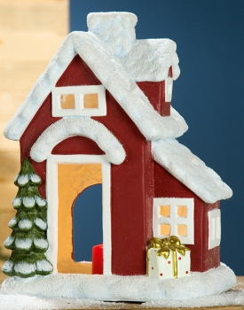 GILDE Dekohaus als Windlicht Tannenbaum rechts rot weiß, 41 cm
